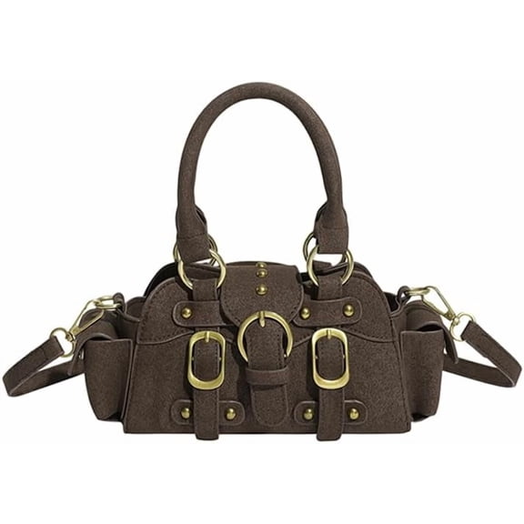 SPEKSEE Women’s PU Crossbody Handbag, Studded Y2k Vintage-Inspired Top Handle Satchel Bag, Chic Brown Shoulder Purse for Fall