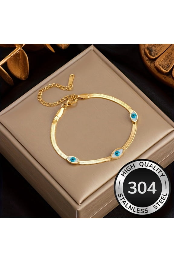 Women's Stainless Steel Interlocking Snake Chain Bracelet with Blue Glass Bead Accent - Minimalist Interlocking Link Design, 304 Hypoallergenic Dainty Everyday Jewelry