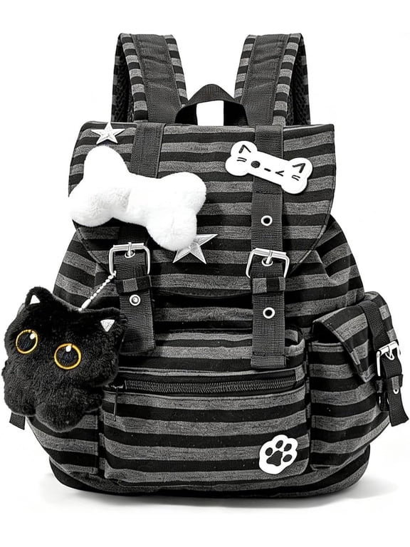 Y2K Gothic Striped Backpack for Women, Japanese Cat Bone Plush Charm Rucksack, Large Capacity Drawstring Flap School Backpack, Alt Aesthetic Daypack with Hidden Pocket