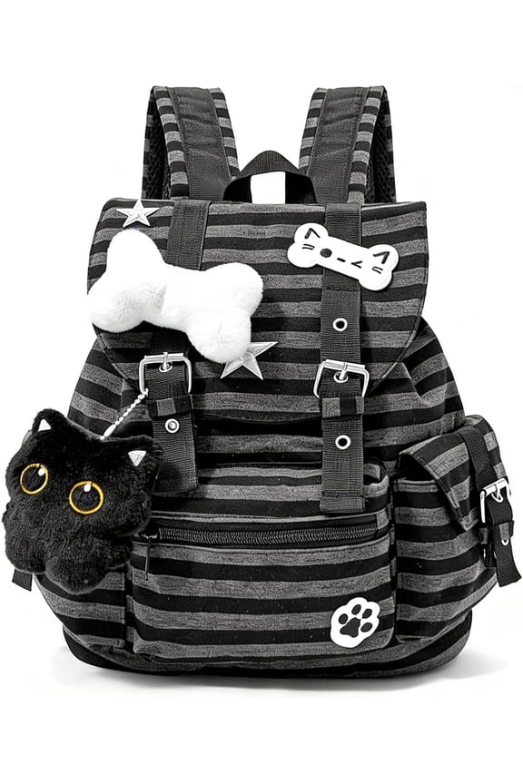 Y2K Gothic Striped Backpack for Women, Japanese Cat Bone Plush Charm Rucksack, Large Capacity Drawstring Flap School Backpack, Alt Aesthetic Daypack with Hidden Pocket