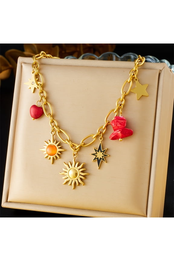 Y2K Punk Bohemian Stainless Steel Necklace with Golden Sunflower, Star & Heart Charms - Adjustable Chain for Women, Music Festivals & Parties, Edgy Layered Jewelry