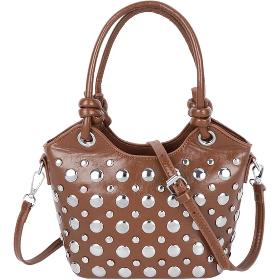 SPEKSEE Y2K Rivet Mini Bucket Handbag for Women, Retro Punk Silver Studded Top Handle Tote Bag, Detachable Strap Crossbody Shoulder Bag, Trendy Casual Streetwear Purse