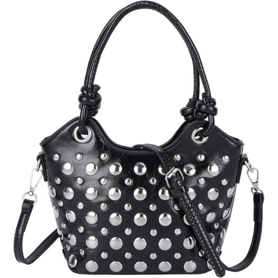 SPEKSEE Y2K Rivet Mini Bucket Handbag for Women, Retro Punk Silver Studded Top Handle Tote Bag, Detachable Strap Crossbody Shoulder Bag, Trendy Casual Streetwear Purse