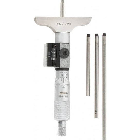 SPI 0 to 4" Range, 4 Rod, Mechanical Depth Micrometer Ratchet Stop Thimble, 2-1/2" Base Length, 0.001" Graduation, 4.5mm Rod Diam, NIST Traceability Certification