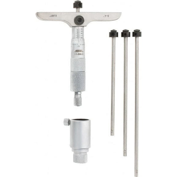 SPI 0 to 4" Range, 4 Rod, Mechanical Depth Micrometer Ratchet Stop Thimble, 4" Base Length, 0.001" Graduation, 4.5mm Rod Diam, NIST Traceability Certification