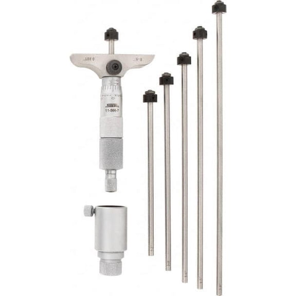 SPI 0 to 6" Range, 6 Rod, Mechanical Depth Micrometer Ratchet Stop Thimble, 2-1/2" Base Length, 0.001" Graduation, 4.5mm Rod Diam, NIST Traceability Certification