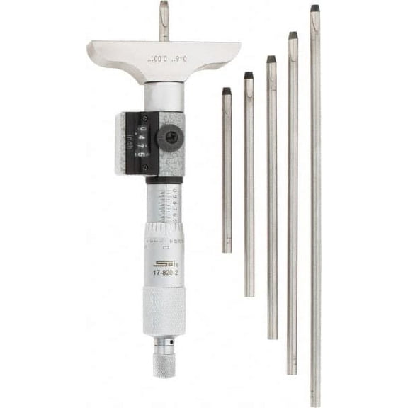 SPI 0 to 6" Range, 6 Rod, Mechanical Depth Micrometer Ratchet Stop Thimble, 2-1/2" Base Length, 0.001" Graduation, 4.5mm Rod Diam, NIST Traceability Certification