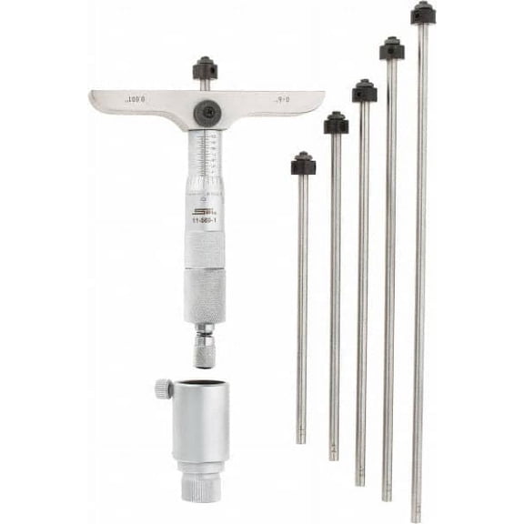 SPI 0 to 6" Range, 6 Rod, Mechanical Depth Micrometer Ratchet Stop Thimble, 4" Base Length, 0.001" Graduation, 4.5mm Rod Diam, NIST Traceability Certification