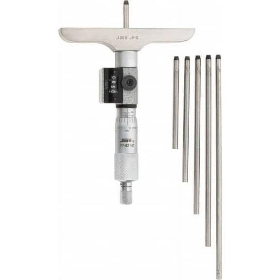 SPI 0 to 6" Range, 6 Rod, Mechanical Depth Micrometer Ratchet Stop Thimble, 4" Base Length, 0.001" Graduation, 4.5mm Rod Diam, NIST Traceability Certification