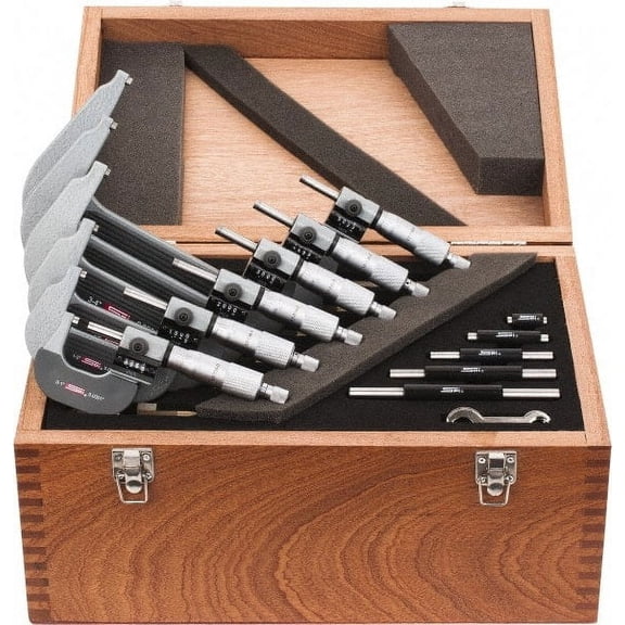 SPI 0 to 6" Range, 6 Piece Mechanical Outside Micrometer Set 0.0001" Graduation, 0.0001, 0.0002" Accuracy, Ratchet Stop Thimble, Carbide Face