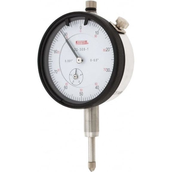 SPI 1/2" Range, 0-100 Dial Reading, 0.001" Graduation Dial Drop Indicator 2.2" Dial, 0.1" Range per Revolution, 0.002" Accuracy, Revolution Counter, Includes NIST Traceability Certification