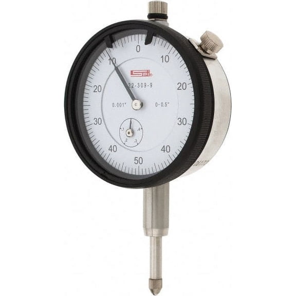 SPI 1/2" Range, 0-50-0 Dial Reading, 0.001" Graduation Dial Drop Indicator 2.2" Dial, 0.1" Range per Revolution, 0.002" Accuracy, Revolution Counter, Includes NIST Traceability Certification