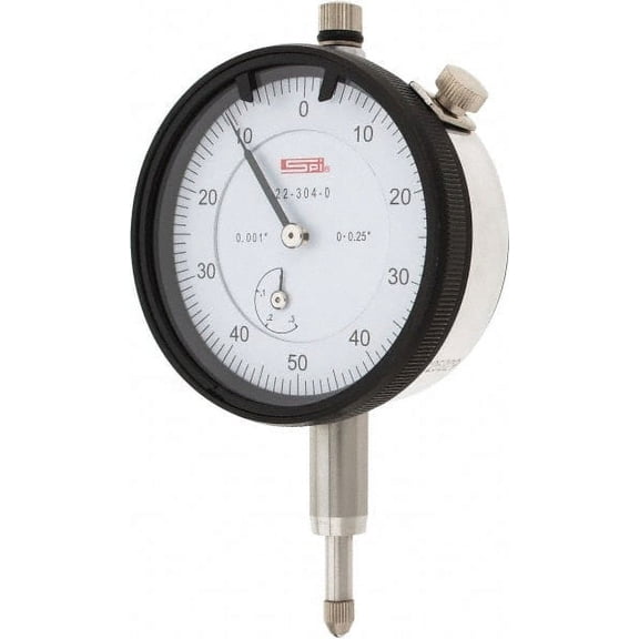 SPI 1/4" Range, 0-50-0 Dial Reading, 0.001" Graduation Dial Drop Indicator 2.2" Dial, 0.1" Range per Revolution, 0.002" Accuracy, Revolution Counter, Includes NIST Traceability Certification