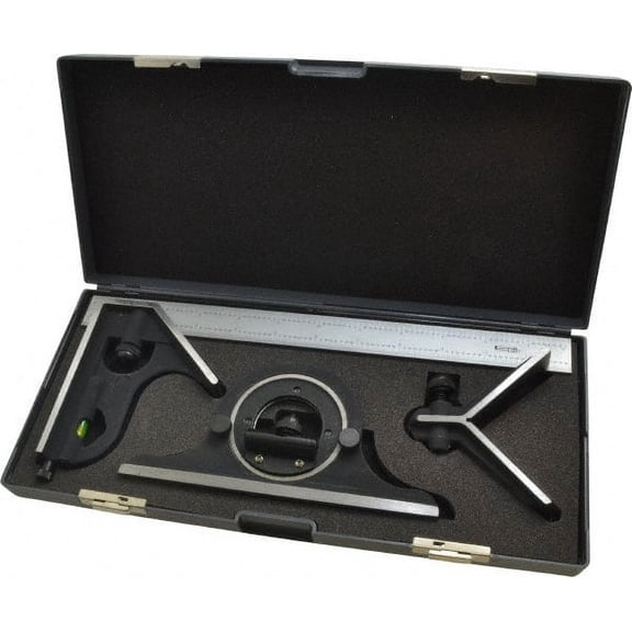 SPI 4 Piece, 12" Combination Square Set 1/32 & 1/64" (English/Metric) Graduation, Hardened Steel Blade, Cast Iron Center, Protractor & Square Head