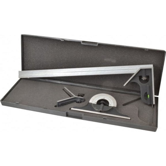 SPI 4 Piece, 18" Combination Square Set 1/100, 1/32, 1/50 & 1/64" (16R) Graduation, Hardened Steel Blade, Cast Iron Center, Protractor & Square Head