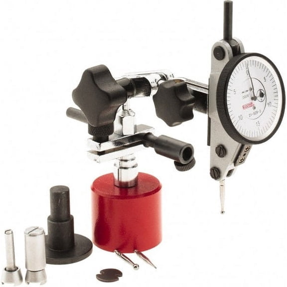 SPI 9 Piece, 0" to 0.06" Measuring Range, 1-1/2" Dial Diam, 0-15-0 Dial Reading, White Dial Test Indicator Kit 0.0012" Accuracy, 0.86" Contact Point Length, 0.079" Ball Diam, 0.0005" Dial Graduation