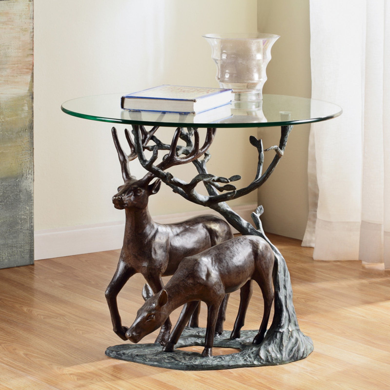 Bronze Deer Pair Round Glass End Table