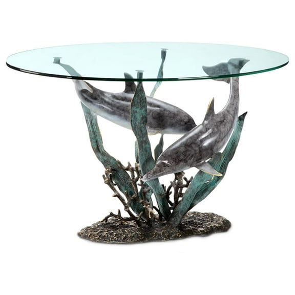 SPI Cast Aluminum Dolphin Duet Glass Top Coffee Table
