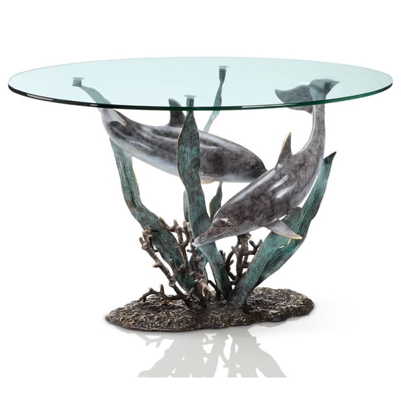 SPI Cast Aluminum Dolphin Duet Glass Top Coffee Table
