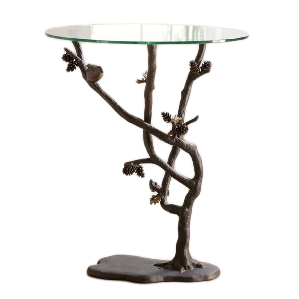 Rustic Round Glass Top Pedestal Table with Sculpted Bird