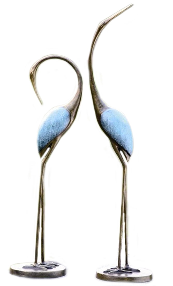 Hand Painted Gold and Blue Aluminum Garden Crane Pair