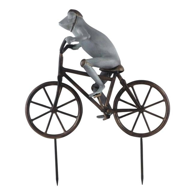Aged Verdigris Frog on Bronze Bicycle Garden Sculpture