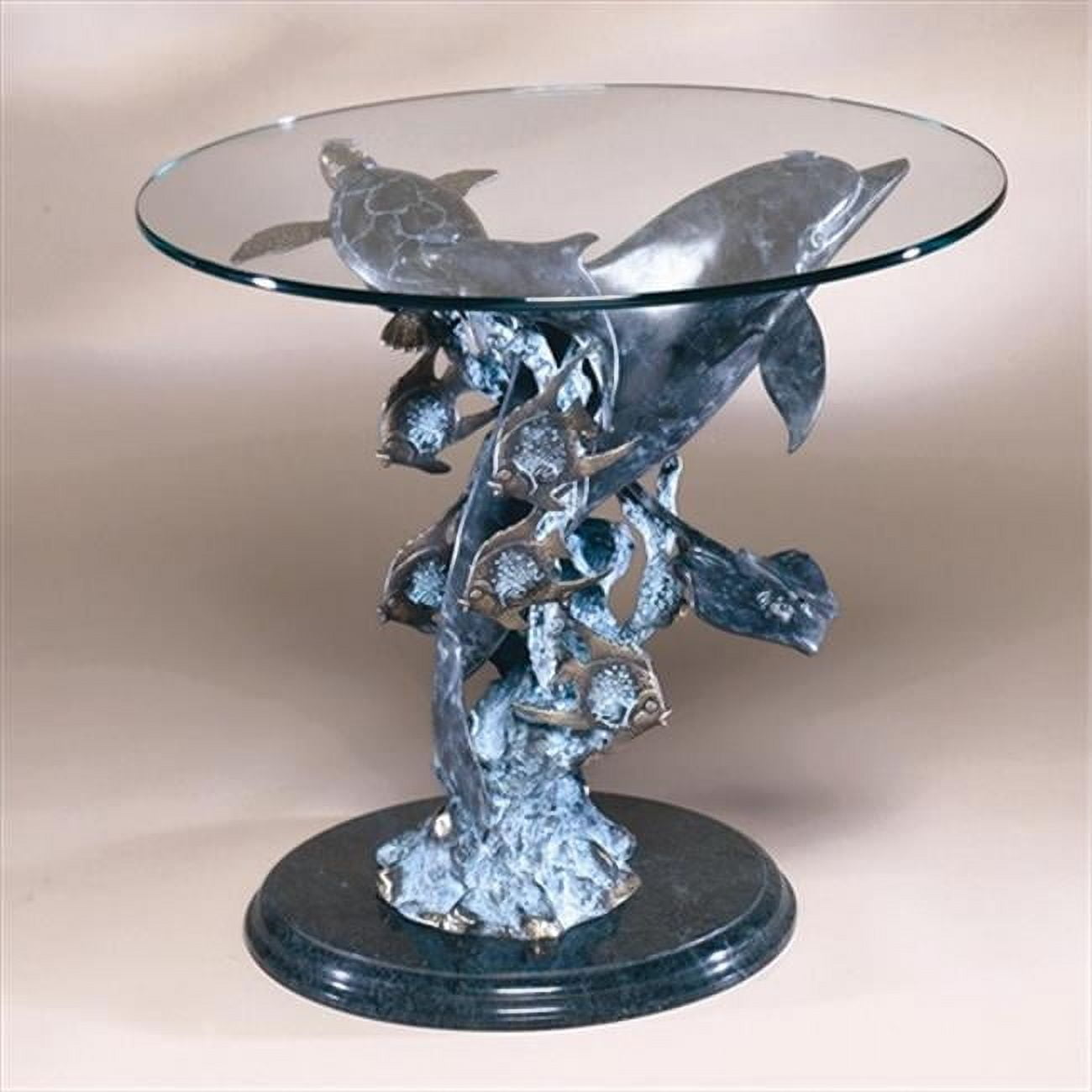Elegant Dolphin Seaworld Round Glass End Table in Silver