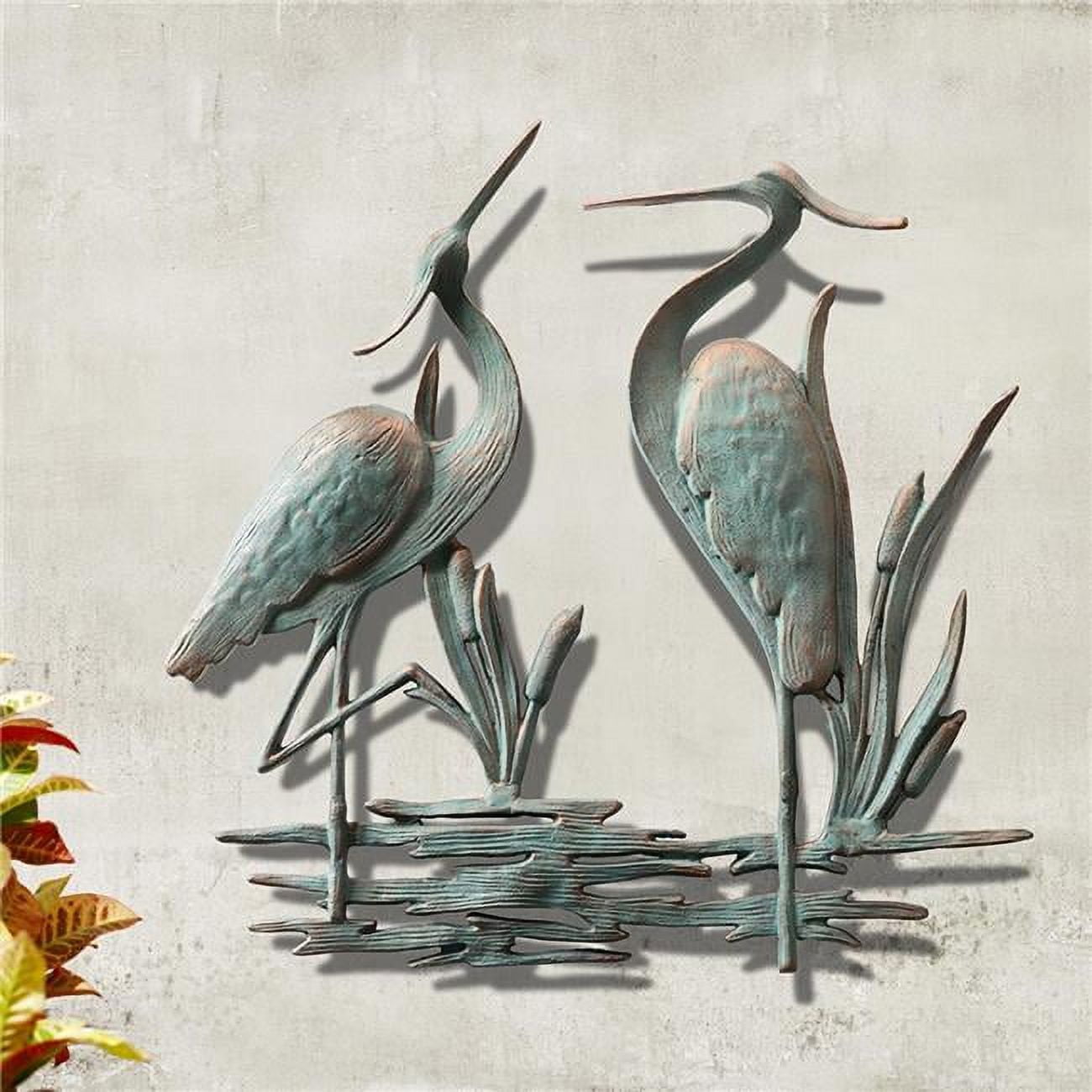 Verdigris Patina Aluminum Heron Wall Sculpture for Indoor/Outdoor