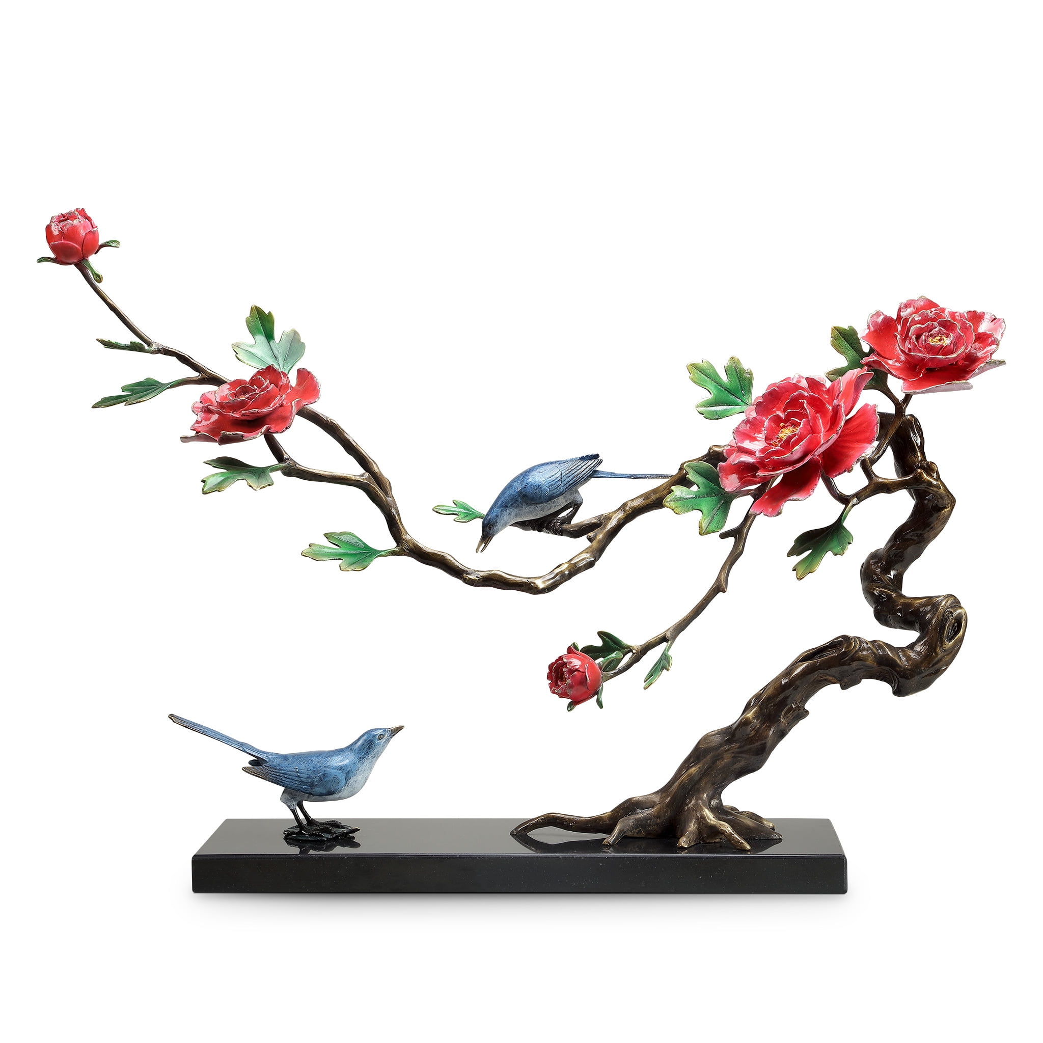 Elegant Brass Sculpture with Bluebirds and Red Flowers