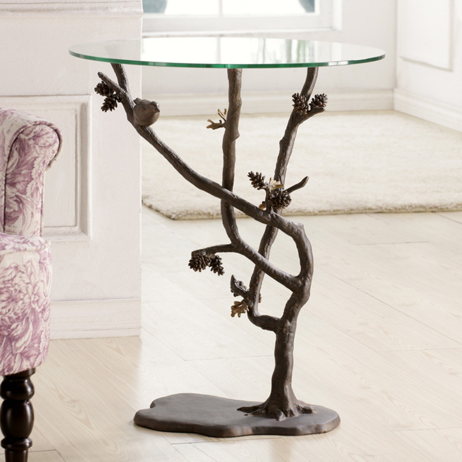 Rustic Round Glass Top Pedestal Table with Sculpted Bird