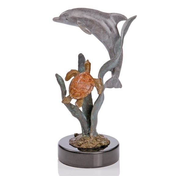 SPI Home Brass and Marble Paradise Dolphin & Turtle Statue 7 inches High