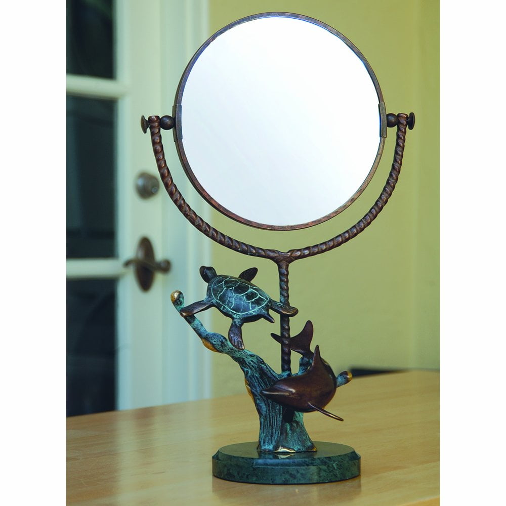 Elegant Full-Length Round Vanity Mirror with Brown Metal & Marble Frame