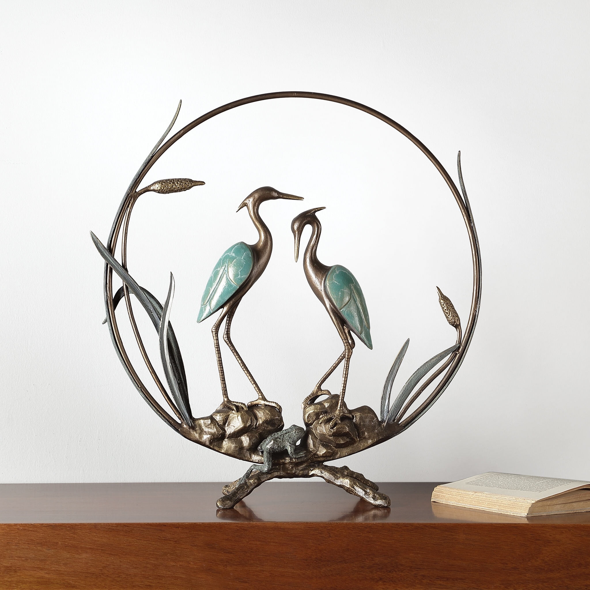 Romantic Heron Sculpture in Bronze and Teal Aluminum