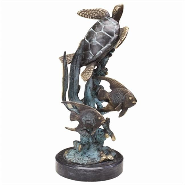 Bronze Sea Turtle and Fish Statue on Marble Base
