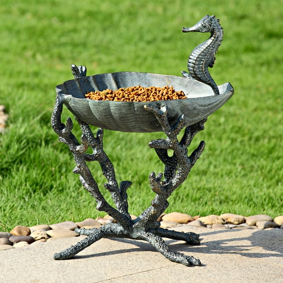SPI Verdigris Finish Aluminum Seahorse Birdbath / Bird Feeder
