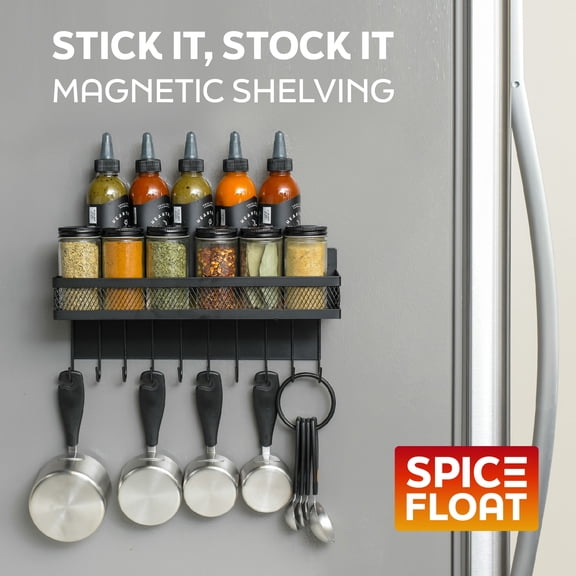 SPICE FLOAT Magnetic Spice Organizer Racks - 4 Premium Metal Racks + 1 Hanging Hook Bar Kitchen Shelf - Seasoning Organizer For Kitchen Appliances (3.94" x 12.2" x 3.15")