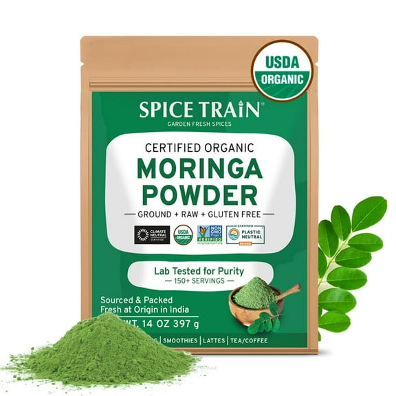 SPICE TRAIN, Organic Moringa Powder (14oz) Non-GMO & Organic Oleifera Moringa Leaf | Perfect for Cooking, Smoothies, Lattes & Tea | Resealable Zip Lock Pouch
