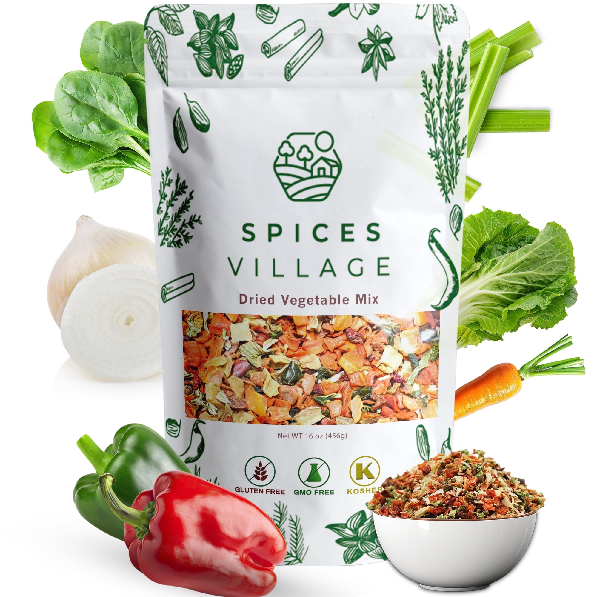 SPICES VILLAGE Dried Ramen Toppings [ 1 lb ] - Dehydrated Vegetables Mixed Vegetables Flakes, Mix of Carrot, Onion, Red & Green Bell Pepper, Celery, Cabbage & Spinach Flakes - Kosher, Gluten Free
