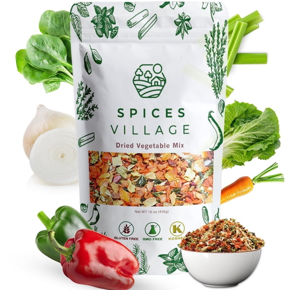 SPICES VILLAGE Dried Ramen Toppings [ 1 lb ] - Dehydrated Vegetables Mixed Vegetables Flakes, Mix of Carrot, Onion, Red & Green Bell Pepper, Celery, Cabbage & Spinach Flakes - Kosher, Gluten Free