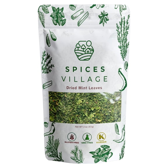 SPICES VILLAGE Mint Leaves (2 Oz) - Fresh & Dried Spearmint Herbs, Crushed Mint Spice, Great for Loose Leaf Tea, Dry Mint Powder, Cut and Sifted - KOSHER, Gluten-FREE, Non-GMO, Resealable Bulk Bag