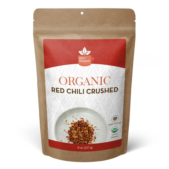 SPICY ORGANIC Crushed Red ESF27 Pepper Flakes 8 Chili Peppers Seasoning Spice - USDA Organic, Kosher, Non-GMO- Ideal for Pizza, Pastas, Salads, Sauces, Stews, Marinades and Pickled Vegetables