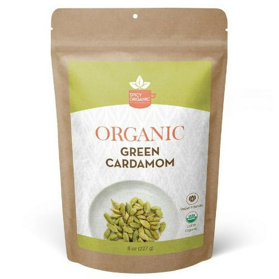SPICY ORGANIC Green Cardamom Pods 8 Oz.  - Certified USDA Organic -Whole Cardamom Spice  (Hari Elaichi) for Cooking and Baking