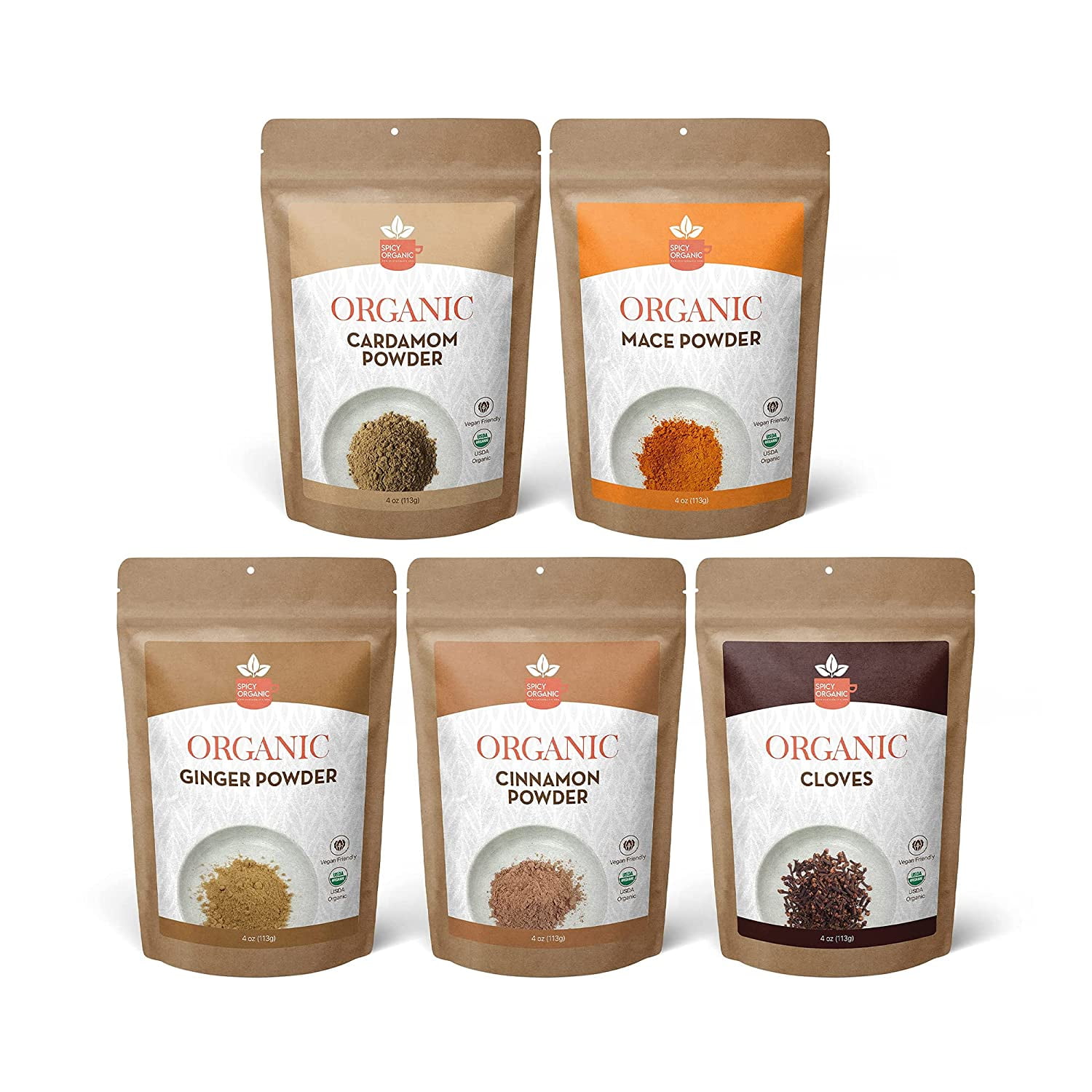 SPICY ORGANIC Spice Gift Set 4 Oz Each-Cinnamon, Ginger, Mace, Cardamom Powder & Whole Clove-100% Pure USDA Organic, Non-GMO Thoughtful Gift for Mom, Chefs & Cooks , House Warming, Cooking Gift