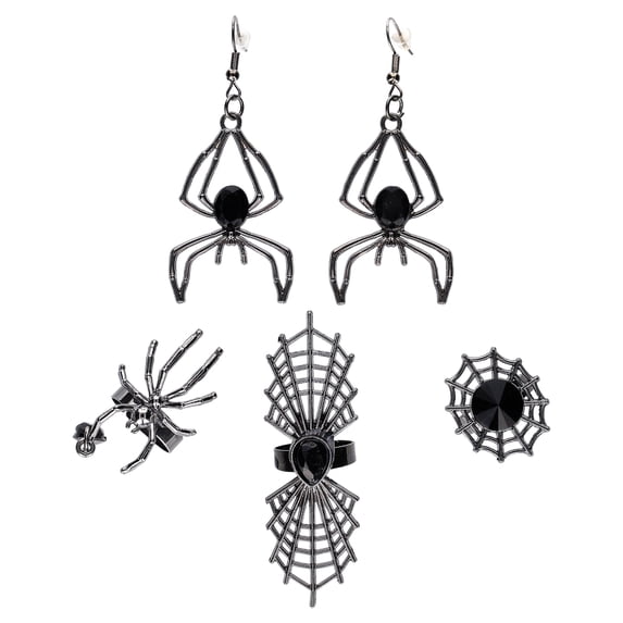 Spider Rings and Earrings Costume Accessory Set for Adults, Black, 5 Pieces, Halloween by Way To Celebrate