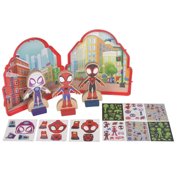 Marvel Spidey and His Amazing Friends Wooden Magnetic Activity, Storage Case with Magnetic Characters, Stickers, and 2 Play Scenes, Ages 3+