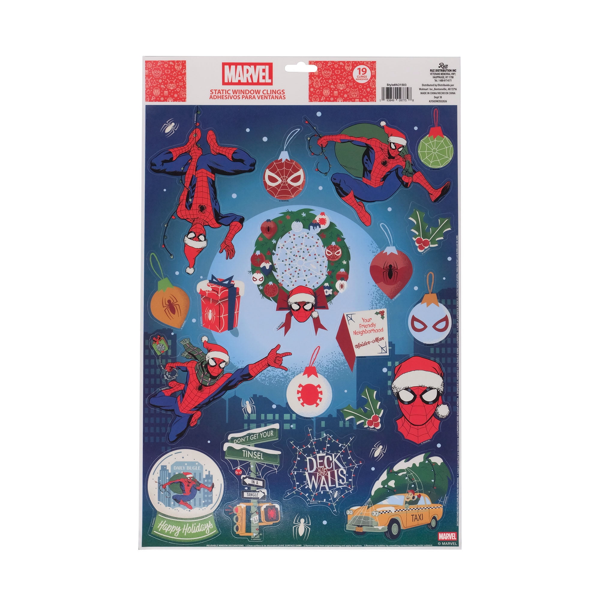 Marvel Spider‑Man Holiday Static Window Clings – Christmas Decoration Sheet