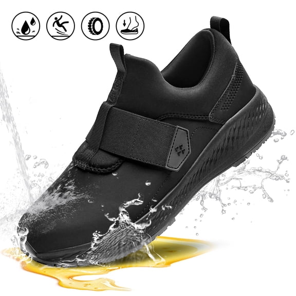 SPIEZ® Unisex Slip Resistant Shoes, Durable Rubber Non Slip Work Shoes，Waterproof Sneakers for Server|Nurse|Chef-Black,Size 13 Women/11.5 Men
