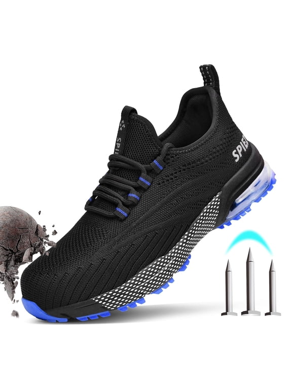 ® Men's Composite Toe Safety Shoes,Breathable Non Slip Work Shoes,Lightweight Work Sneakers With Air Cushion - Black Blue,Size 12