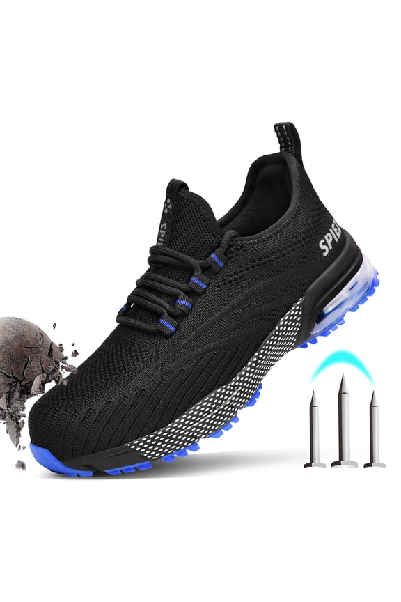 ® Composite Toe Safety Shoes With Air Cushion,Lightweight Breathable Work Shoes,Unisex Non Slip Shoes for Construction Factory Warehouse - Black Blue,Size 9.5 Women/8 Men