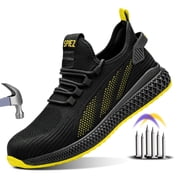 SPIEZ  Mens Composite Toe Safety Shoes, High-Visibility Work Sneakers, Breathable Non-Slip Shoes for Work & Daily Wear   Black/Yellow, Size 10.5